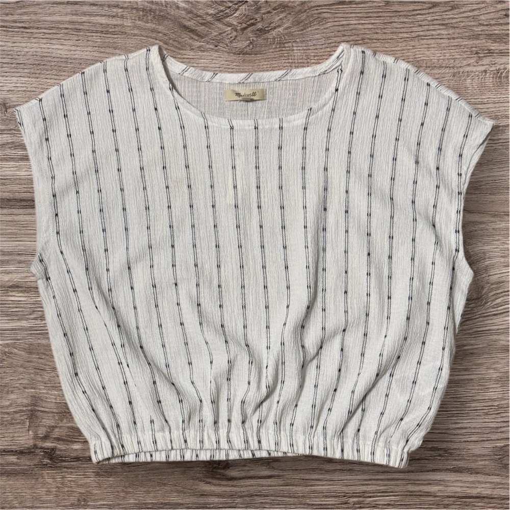 Madewell Per Se Top Stripe & Dot Cap Sleeve Gathered Waist Shirt NWT size S